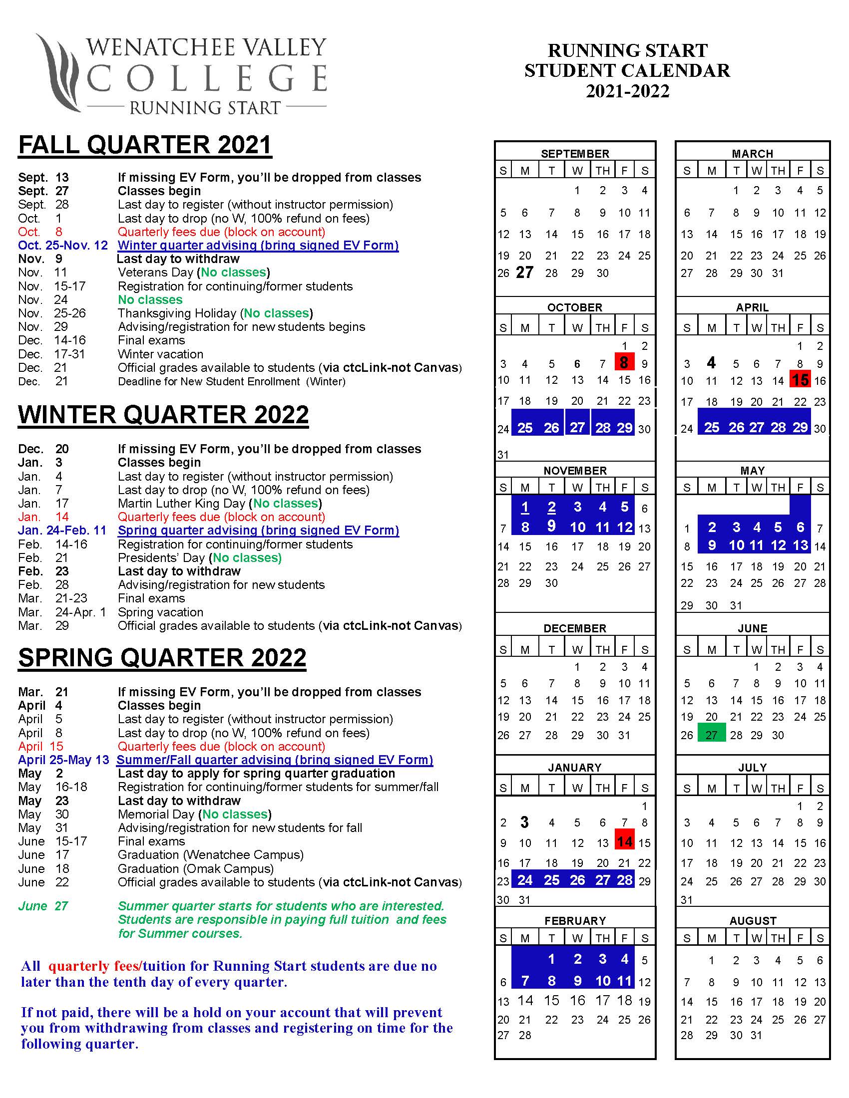 Calendars Wenatchee Valley College